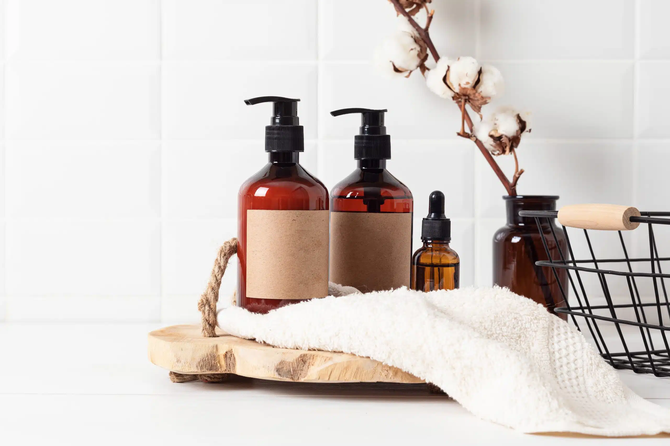 Bathroom accessory arrangement featuring amber pump bottles and a dropper bottle on a rustic wooden tray with a soft cream towel, cotton stem decor, and a black wire storage basket against a white tiled background