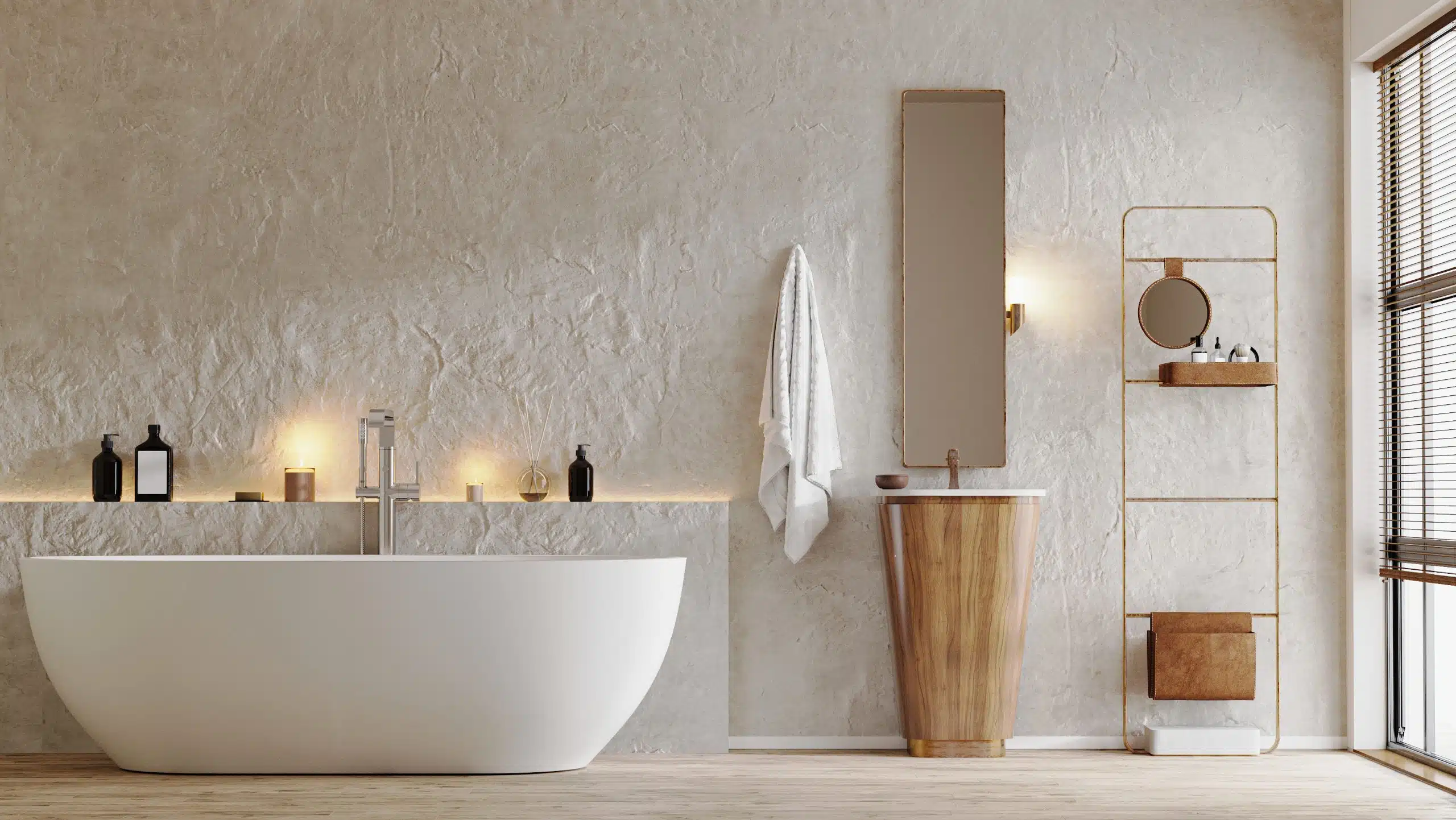modern bathroom interior with tub and wooden stand sink, mirror,