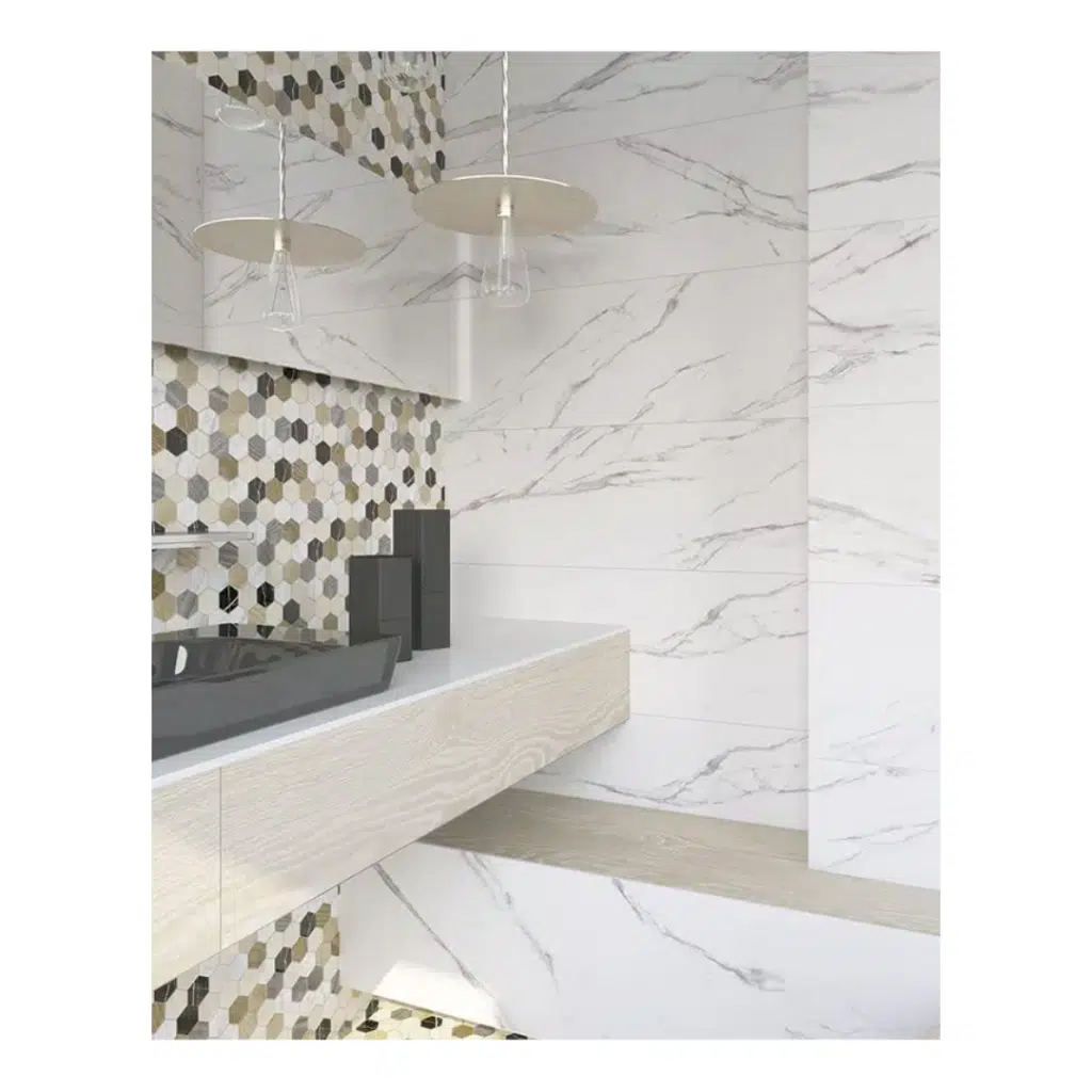 Thalassa is a beautiful replica of true marble in a porcelain tile crafted in Spain. Thalassa creates a stunning marble effect with a wash of grey veining and natural-looking variance between each tile. This tile has a matt finish and comes in a size of 593 x 293mm, making it suitable for both walls and floors. Thalassa is rectified to give the effect of a large slab of marble. Rectified tiles are exactly the same size and allow for narrow grout lines to be used if required.