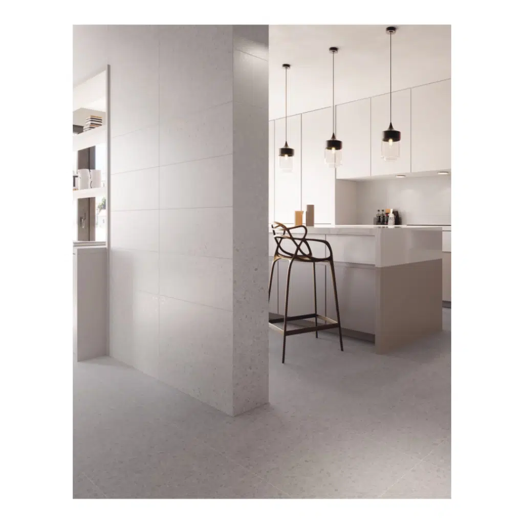 Ceppo offers a terrazzo stone effect tile in a smooth finish with two very natural colours. Available in Ivory & Cinder in a versatile 450x450mm size.