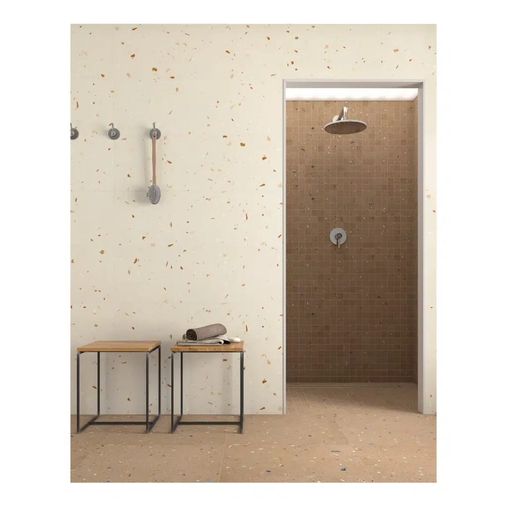 The search for delicacy and harmony, in one of the most famous decorative typologies of the moment, has been the inspiration when developing the Croccante range. Be inspired with the blend of colours creating a soft aesthetic unity for warm spaces. Croccante 600x600mm porcelain terrazzo effect matt tile is available in 5 colours and is suitable for floors and walls.