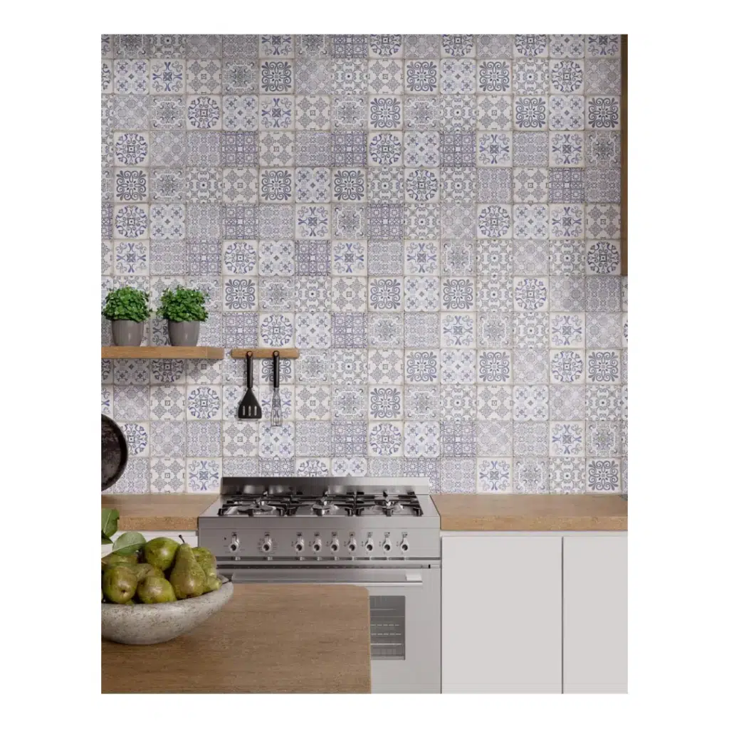 A highly decorative range of 150 x 150mm ceramic, gloss wall tiles. The intentionally weathered tiles have a range of 11 designs, that can be laid in multiple ways to give a truly unique personality and character to your space. Perfect for kitchens, bathrooms and other living areas. Patine comes in two colours of Blue & Gris, both on a white background.